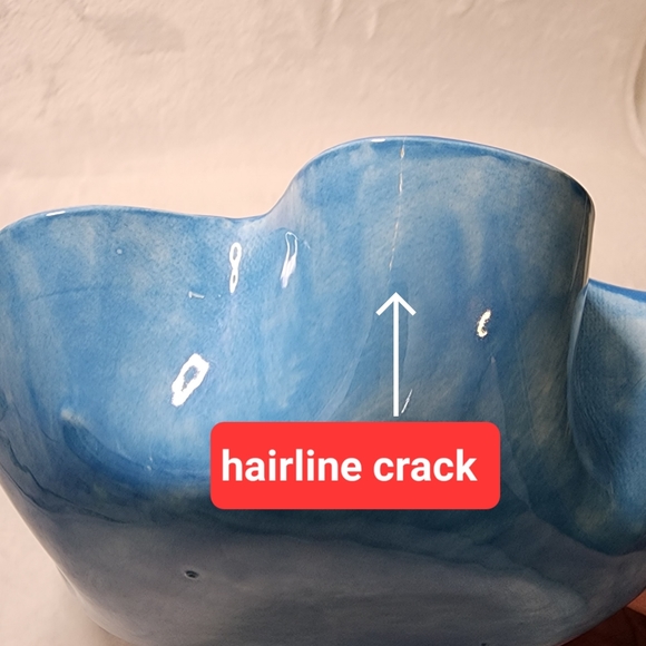 Handmade Ceramic Dish Glazed Blue with Pink Flowers 7" Unique Wavy Edge Bowl - Picture 14 of 14